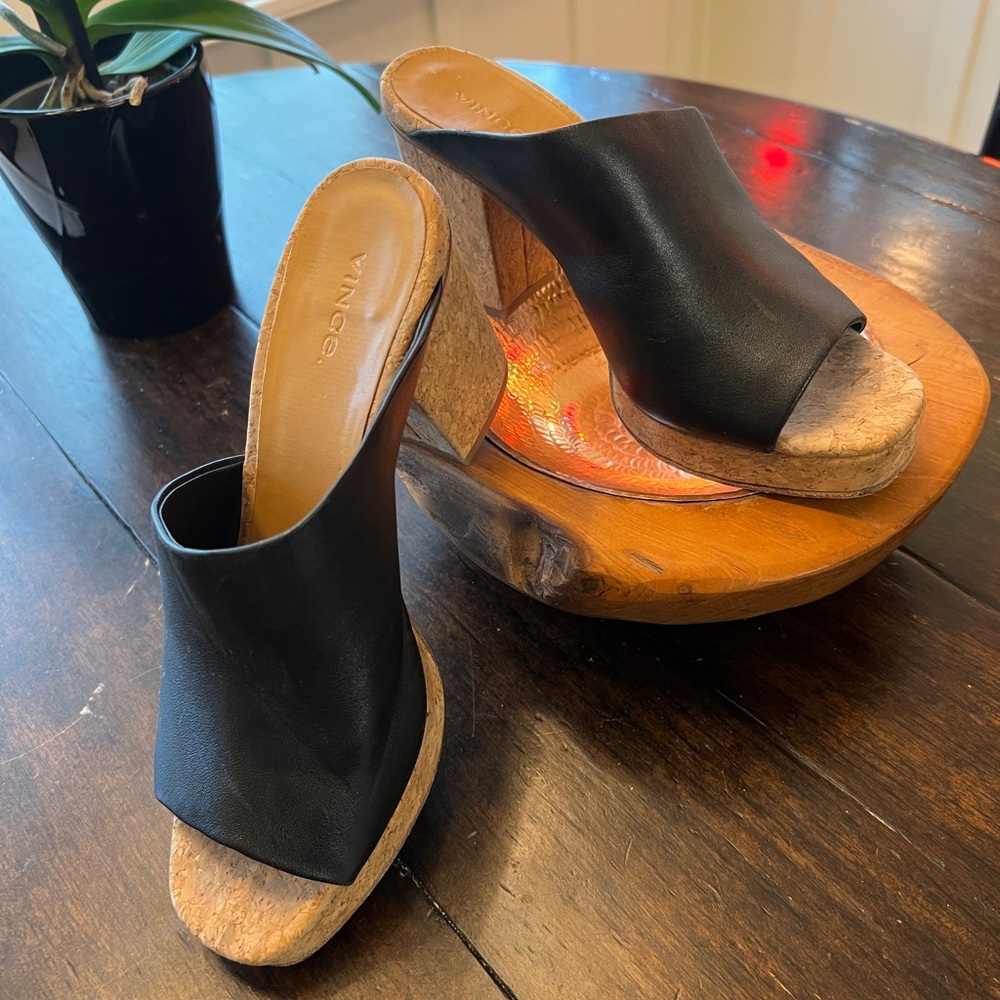 Vince Black Leather Mules with Cork Heels